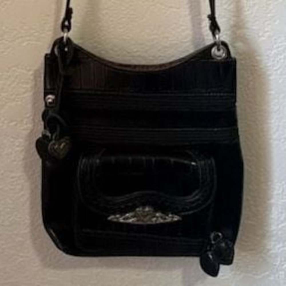 Brighton leather metallic dark brown/eggplant crossbody bag w/3 side zippers